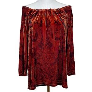 B.L.E.U. Velvet Burnout Tunic Top Women M Red Damask Off Shoulder Y2K Whimsigoth